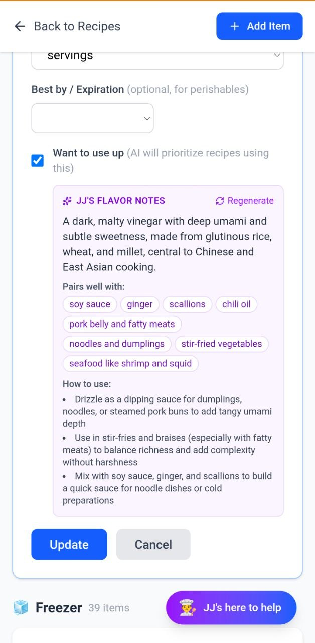 The Flavor Notes card stored on the black vinegar entry