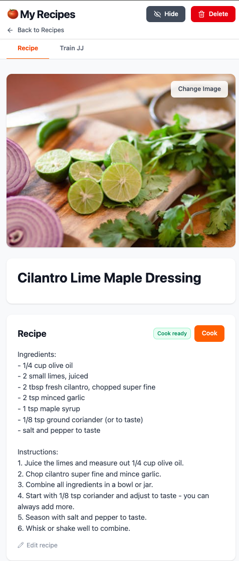 The finished Cilantro Lime Maple Dressing recipe with structured ingredients, six steps, and an auto-picked photo