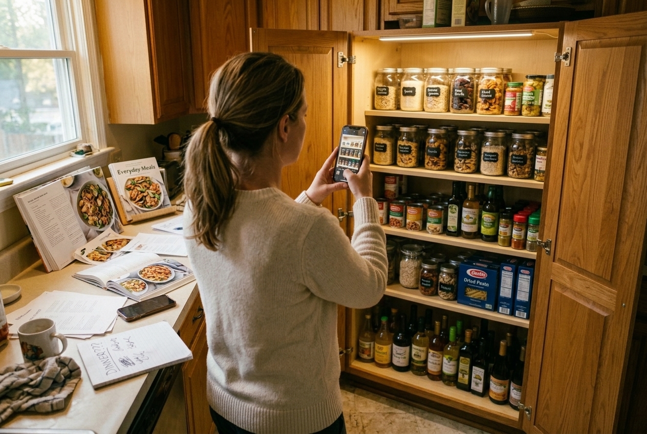 Standing in front of an open pantry cupboard, snapping a photo of the shelves with the phone