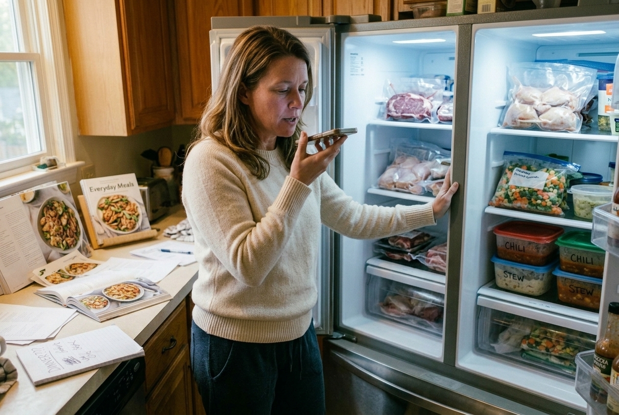 Standing in front of an open freezer with vacuum-sealed packages, dictating into the phone