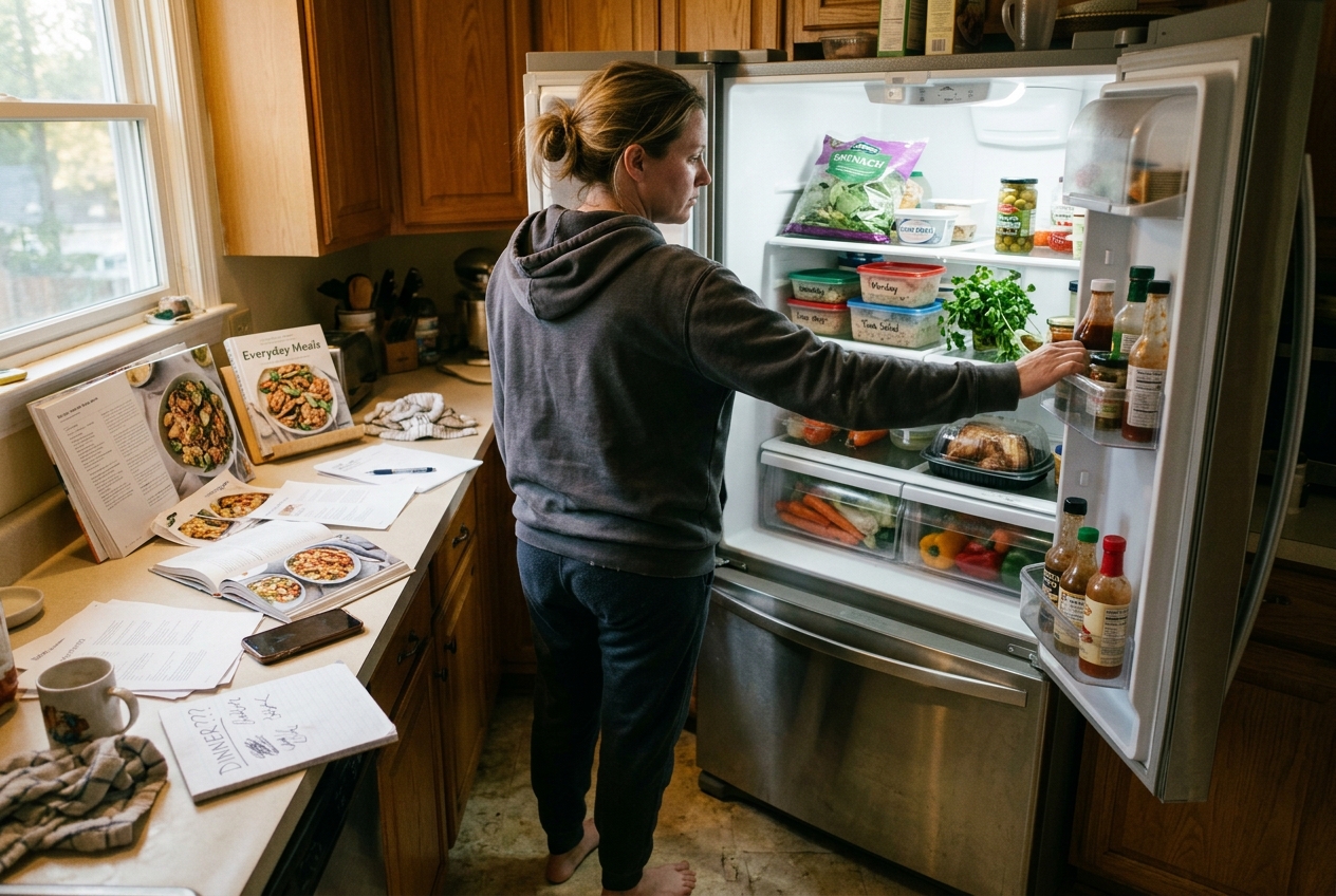 A real photograph of someone in a hoodie standing at the fridge with cookbooks and printed recipes scattered on the counter, looking at her phone trying to decide what to make