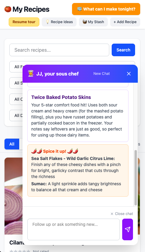 A real screenshot of the recipe app showing the Spice it up panel: the AI sous chef recommends specific spices from the user's stash (Sea Salt Flakes Wild Garlic Citrus Lime, Sumac) to finish the cheesy dishes