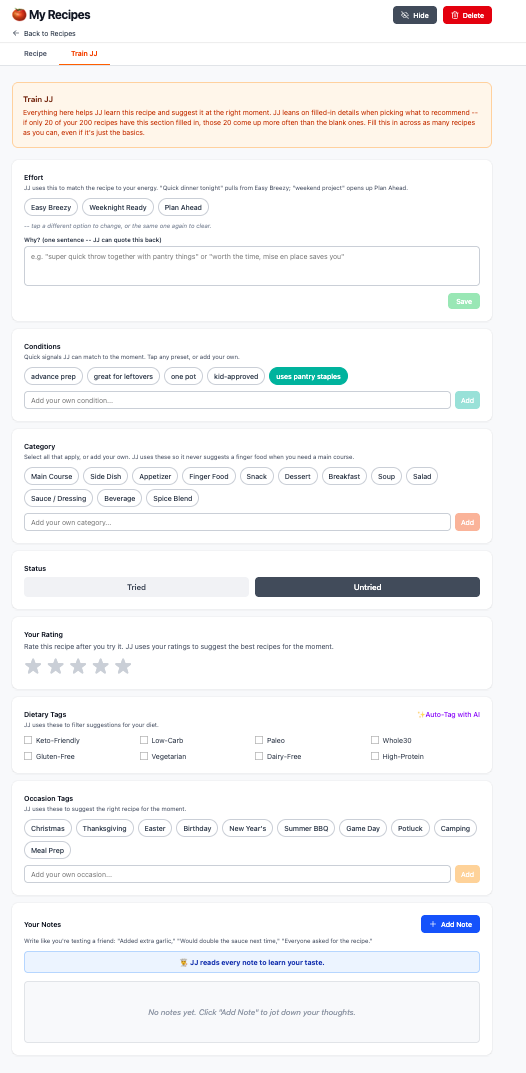 The Train tab for a recipe: effort, conditions, category, status, rating, dietary tags, occasion tags, and notes