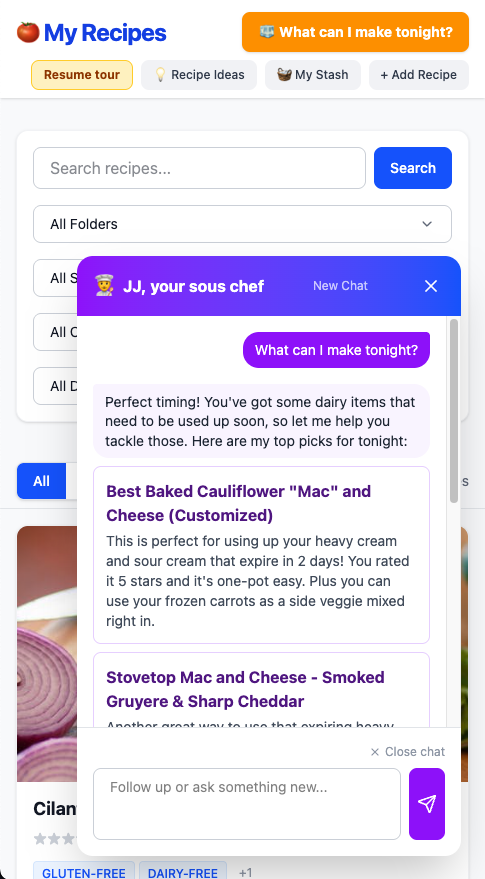 A real screenshot of the recipe app: the user asks 'What can I make tonight?' and the AI sous chef replies with a personalized answer that flags expiring dairy, recommends a top-rated recipe, and suggests mixing in frozen carrots from the stash